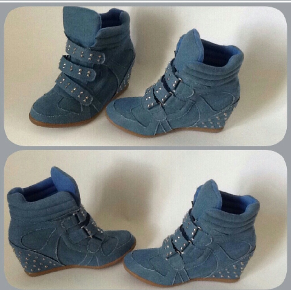 Blue Denim wedge sneakers.